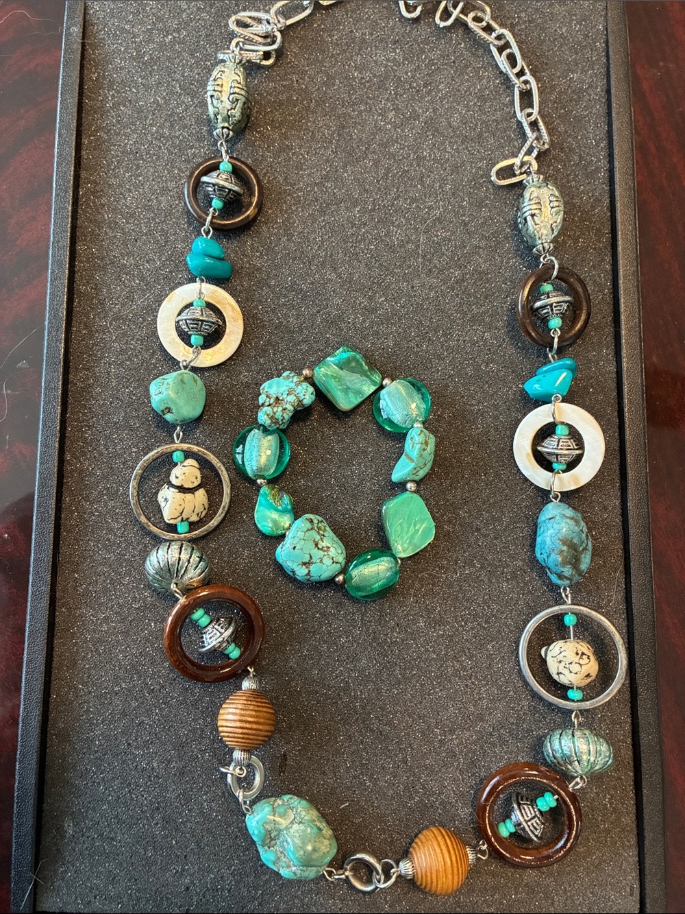 Turquoise and Brown Beaded Necklace and Bracelet Set